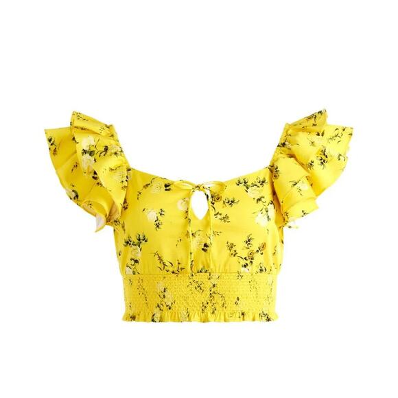 ALICE + OLIVIA SHANAE YELLOW FLORAL RUFFLE TIE FRONT CROP TOP WOMEN’S XL NWT - Picture 2 of 4
